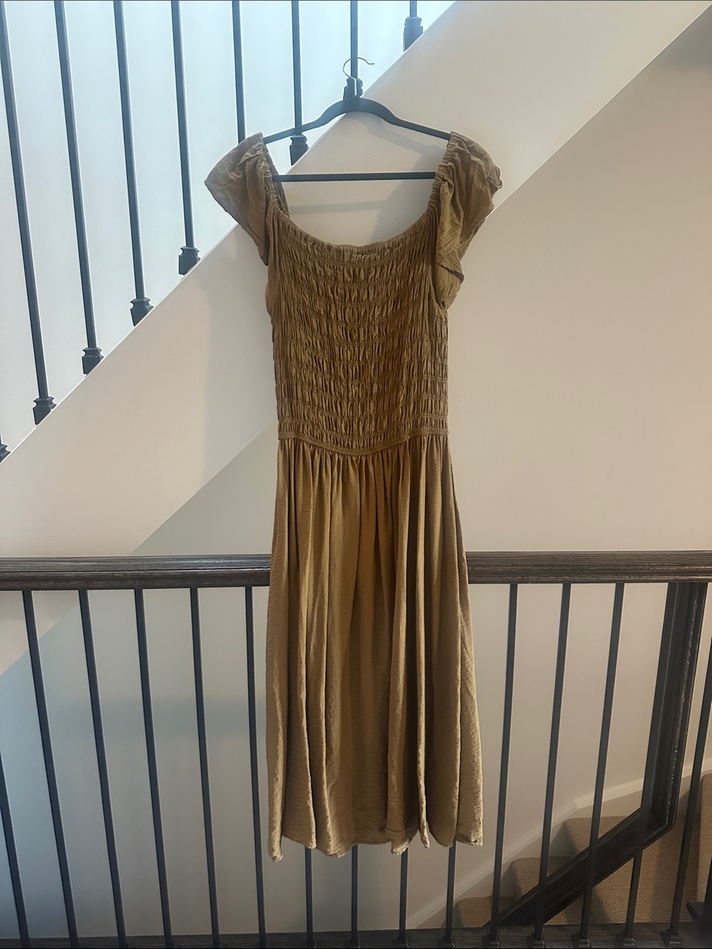 Moon River Olive Midi Dress with Smocked Bodice
